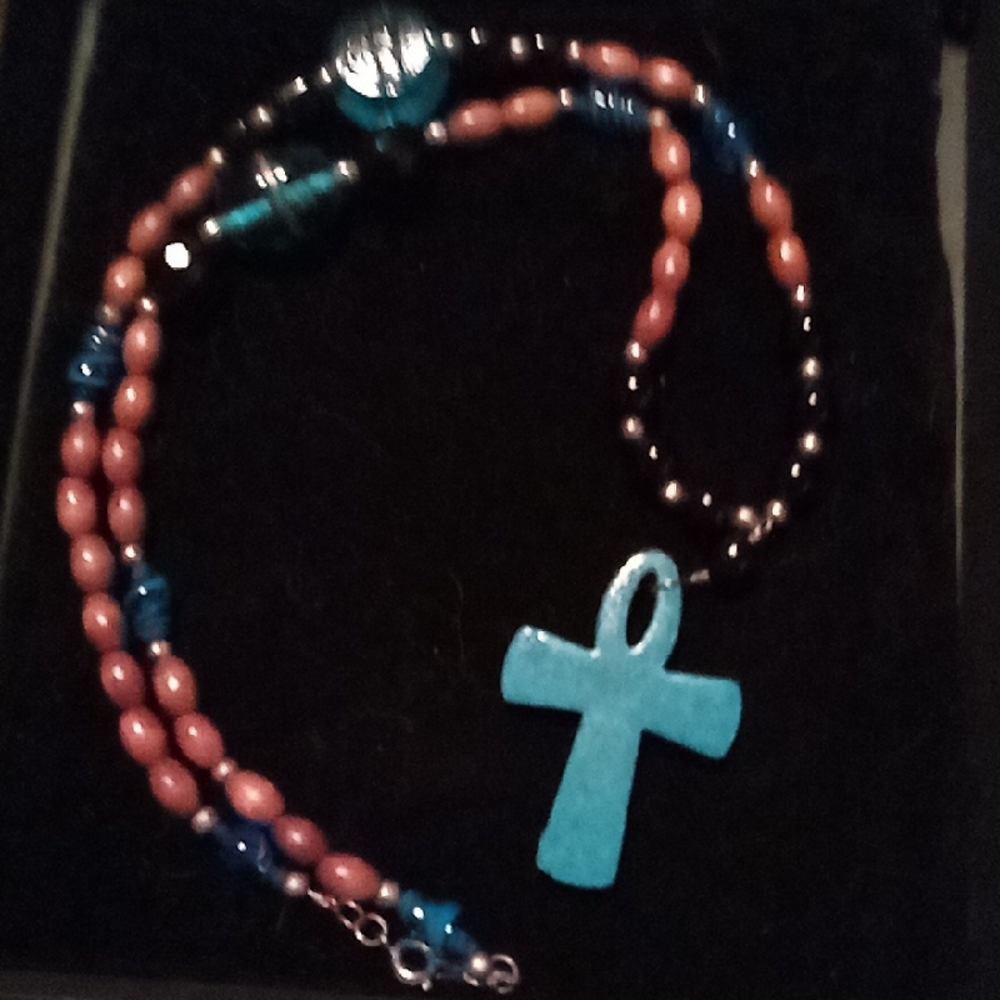Hand Crafted Turquoise and Coral Ankh Pendant Necklace - Women Jewelry